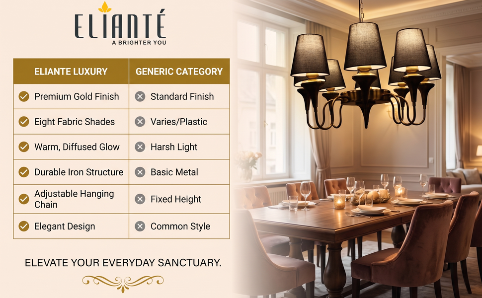 Modern Elegant Eight Light Chandelier with Black Fabric Shades, Gold Iron Decorative Hanging