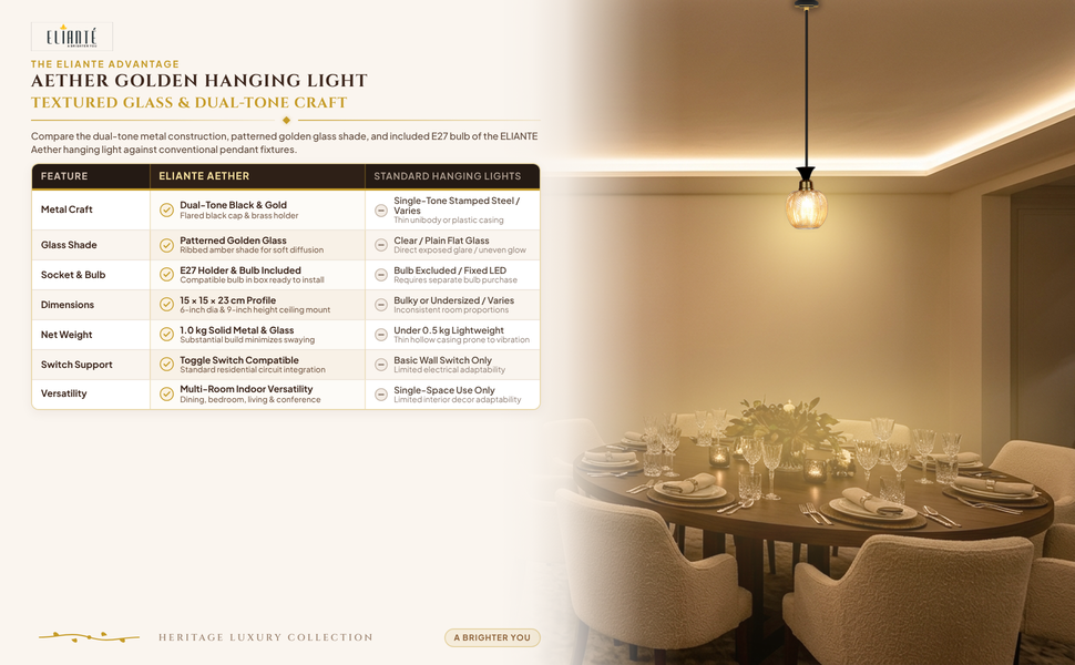 Aether Hanging Light with E27 Holder and Gold Glass Shade comparison table