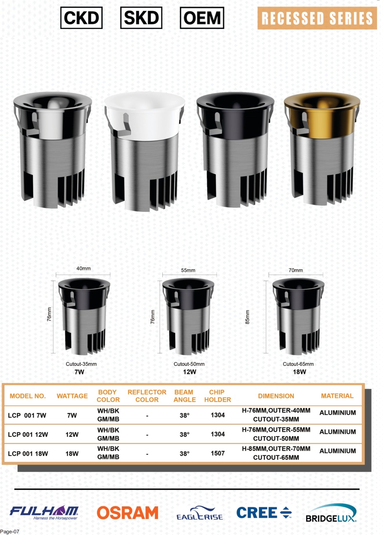 LCP-001 COB LED Downlight — full catalogue poster with all wattages, reflector colours, dimensions and brand chips