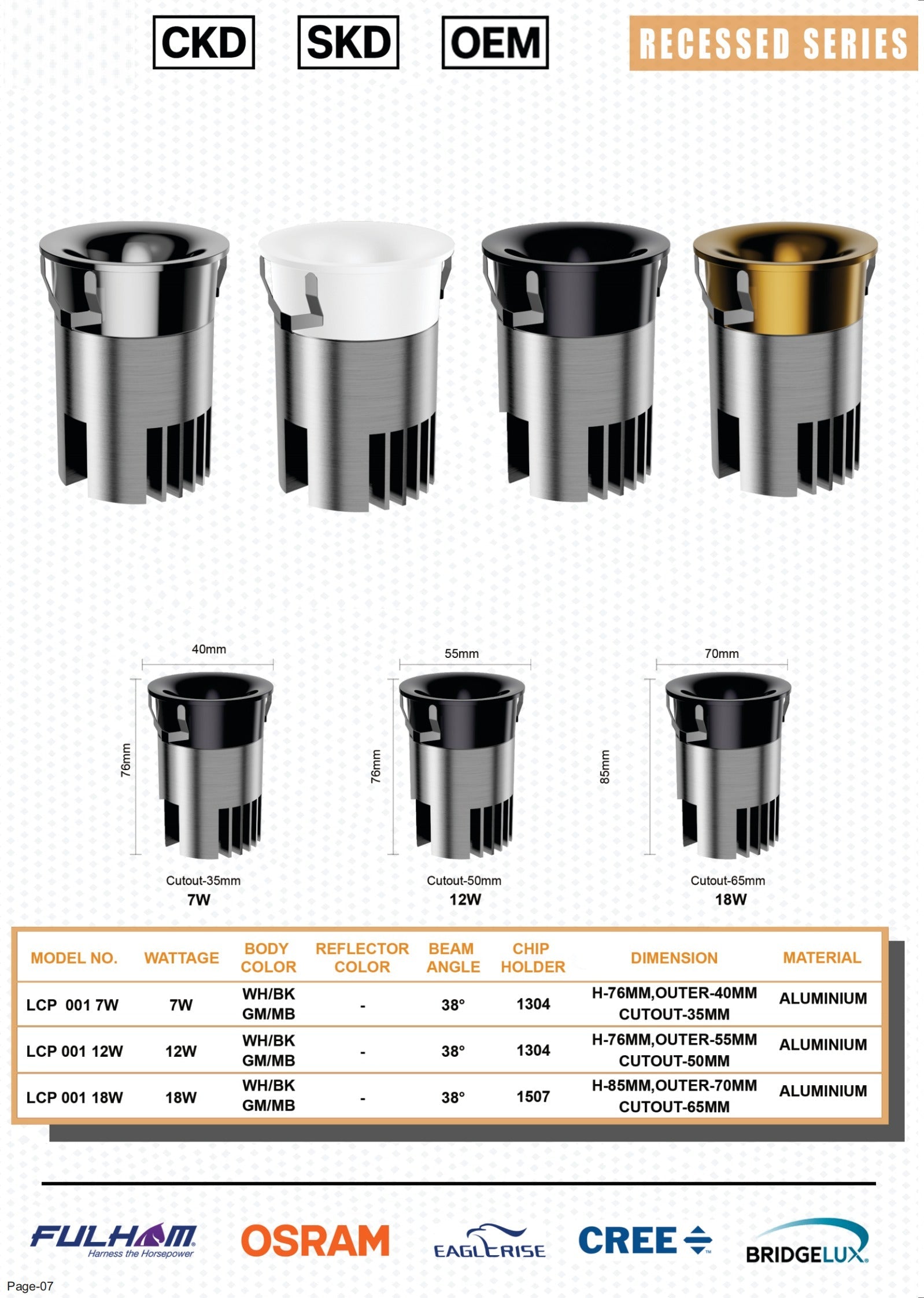 LCP-001 — Chrome, White, Black, Gold reflector finishes side-by-side on premium architectural body