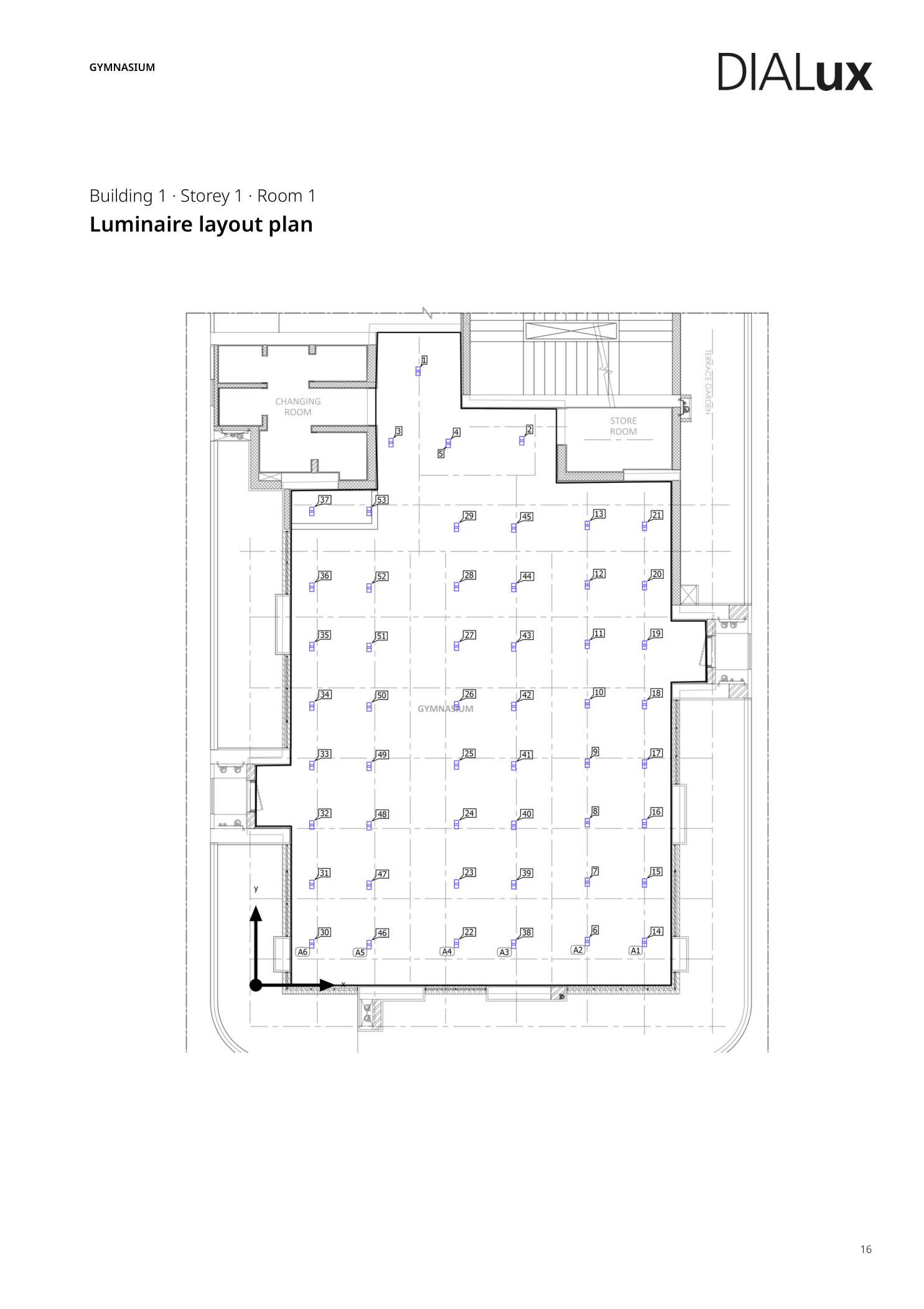 Unity Gym lighting design — Dialux luminaire layout plan showing all 53 fixture positions
