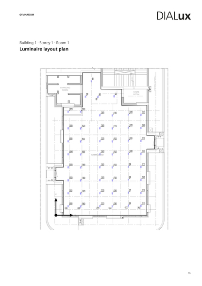 Unity Gym lighting design — Dialux luminaire layout plan showing all 53 fixture positions