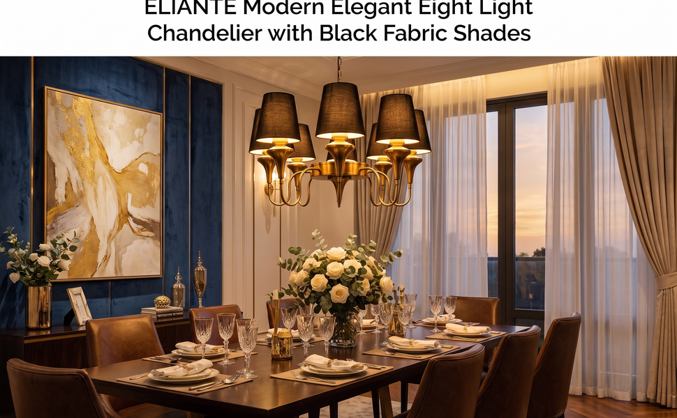 ELIANTE Modern Elegant Eight Light Chandelier with Black Fabric Shades, Gold Iron Decorative