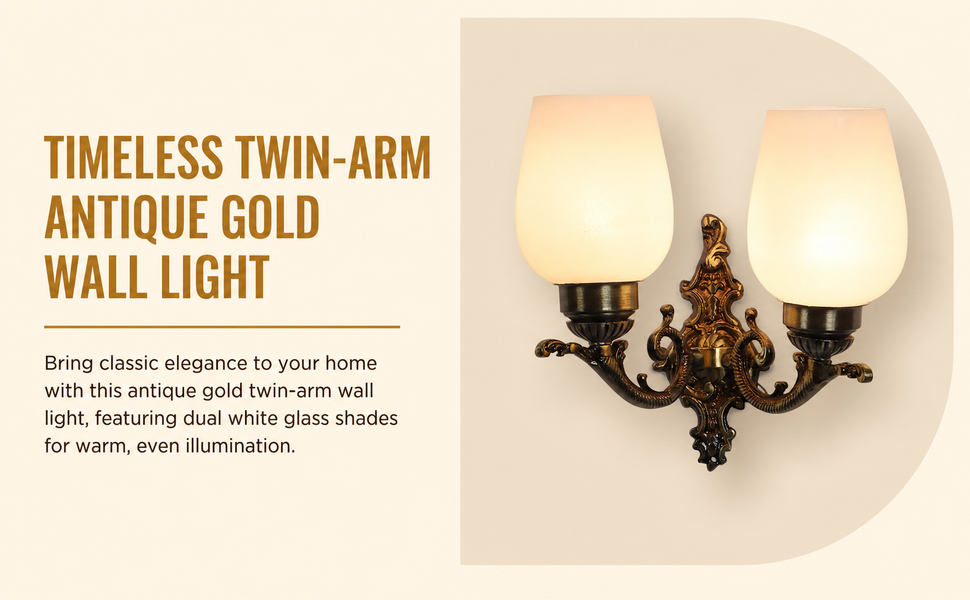 ELIANTE Luxora Antique Gold Twin-Arm Wall Light with White Glass Shades