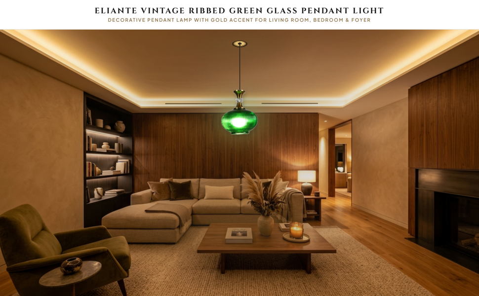 ELIANTE Vintage Ribbed Green Glass Hanging Light with Gold Iron Accent, Decorative Pendant Lamp for