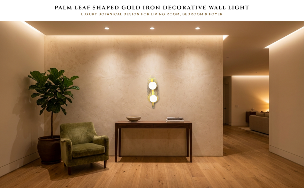 ELIANTE Palm Leaf Shaped Gold Iron Decorative Wall Light for Living Room, Bedroom, and Foyer with