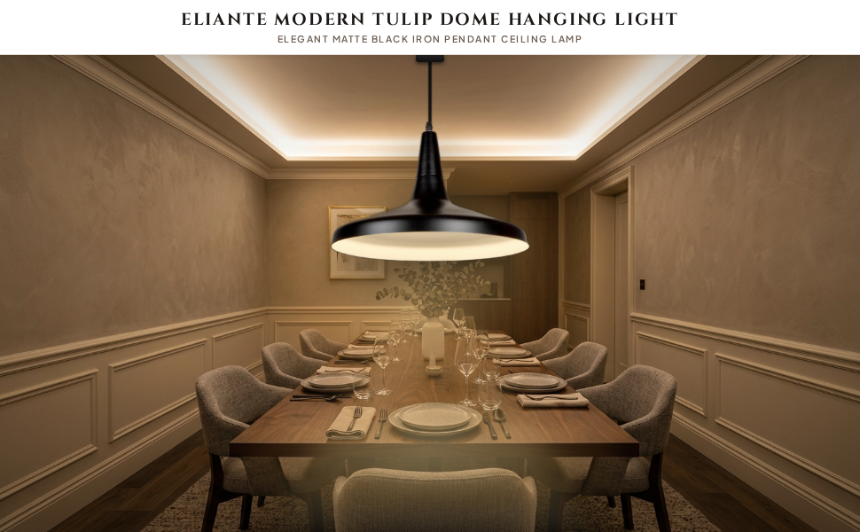 ELIANTE Modern Tulip Dome Hanging Light Black Iron Pendant Ceiling Lamp for Living Room Bedroom
