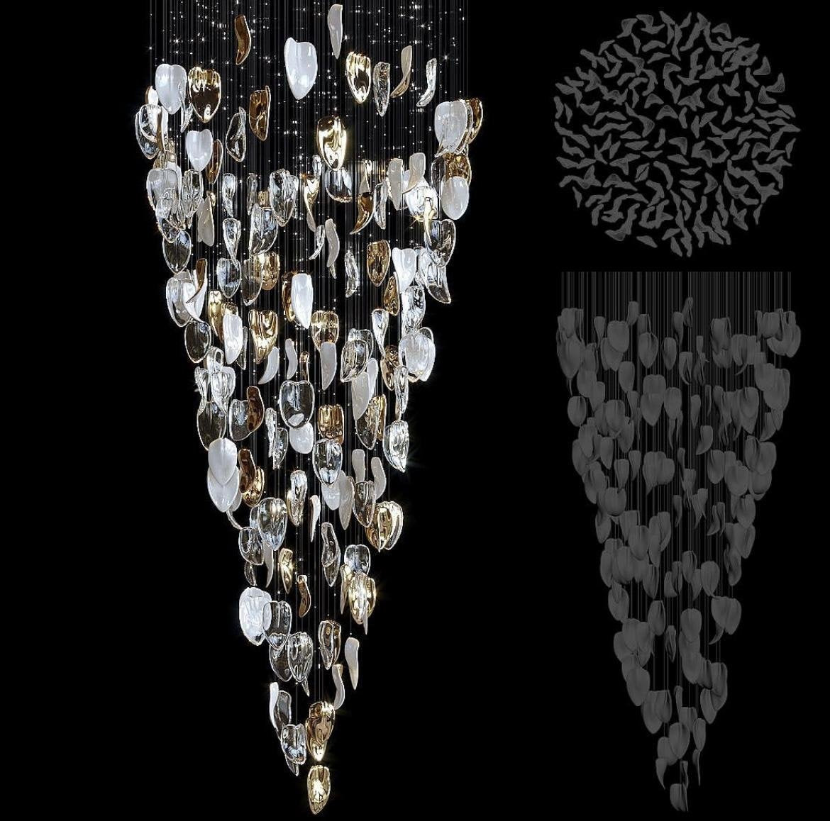 Tapered conical chandelier of clear, white and gold glass petals alongside its circular swirl canopy and elevation layout
