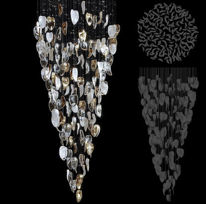 Tapered conical chandelier of clear, white and gold glass petals alongside its circular swirl canopy and elevation layout