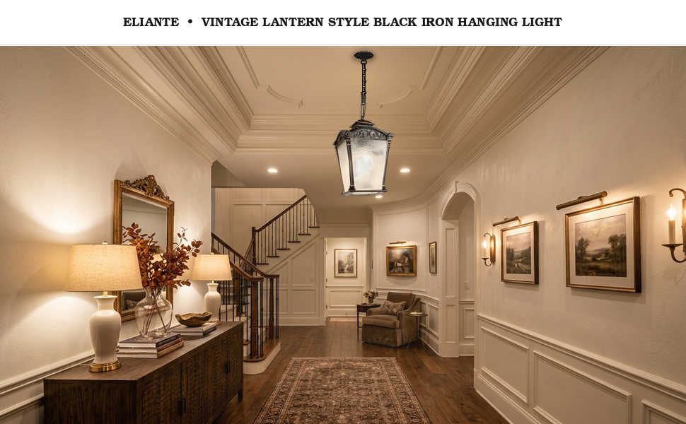 ELIANTE Vintage Lantern Style Black Iron Hanging Light with E27 Holder for Living Room Bedroom