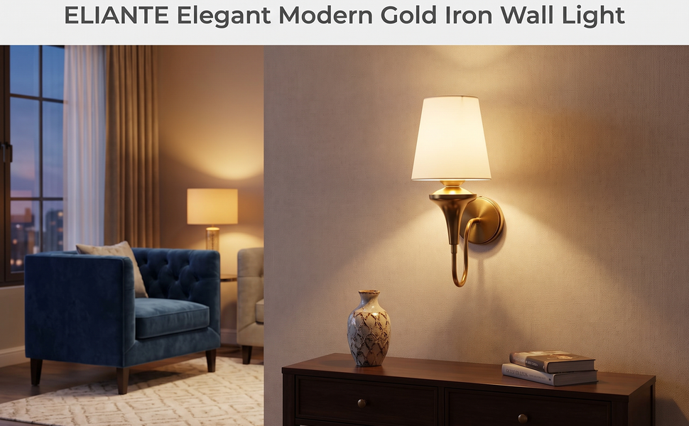ELIANTE Elegant Modern Gold Iron Wall Light with Fabric Cone Shade for Living Room and Bedroom, E27