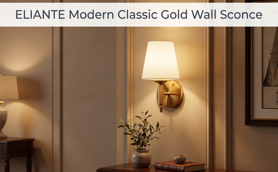 ELIANTE Modern Classic Wall Sconce Gold Iron Wall Light with Elegant White Fabric Shade for Living