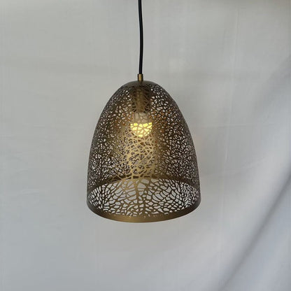 Illuminated antique brass bell-shaped dome chandelier with organic leaf-vein perforations suspended on a dark cord