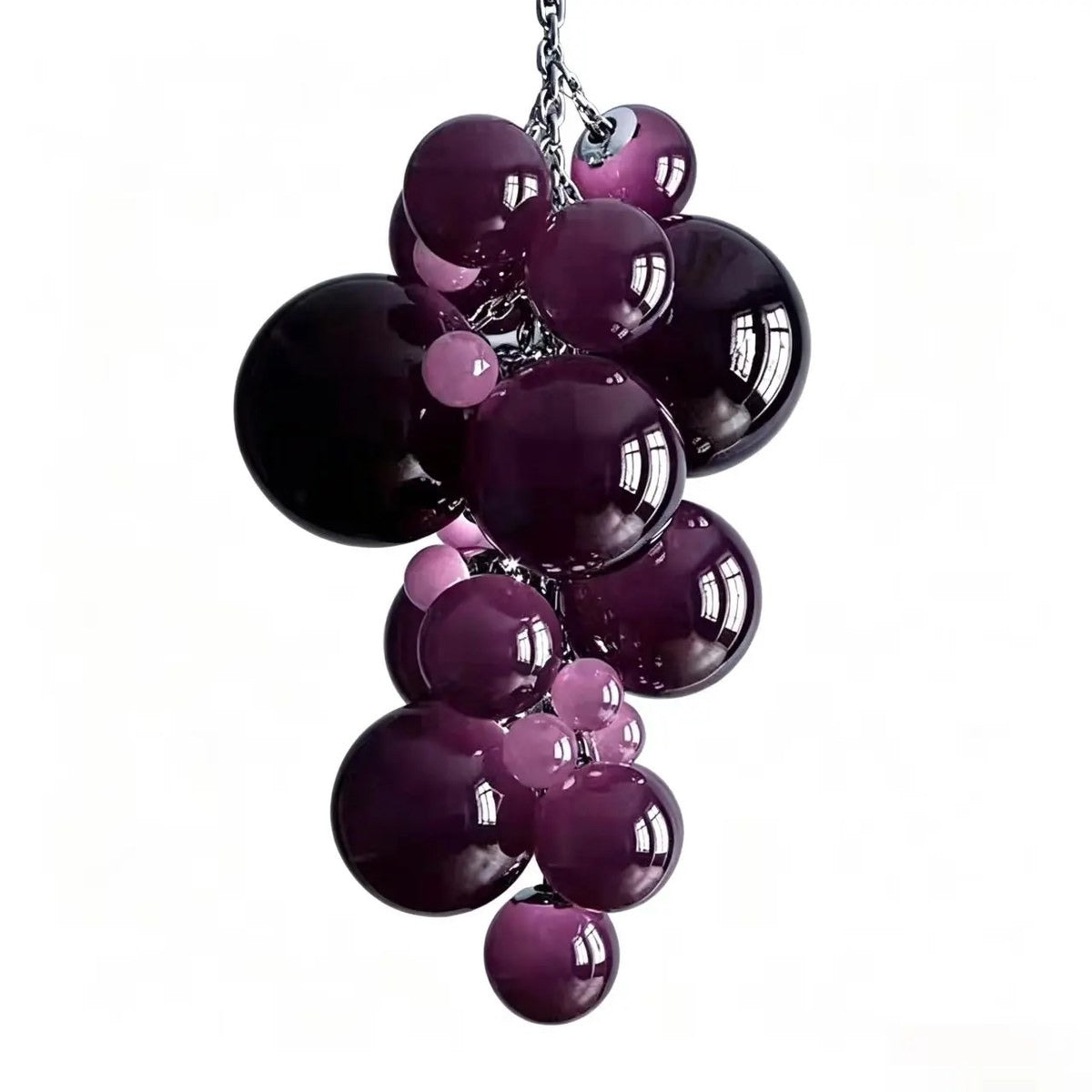 Vertical grape-bunch cluster chandelier of glossy deep plum and frosted pink hand-blown glass globes on a chrome chain