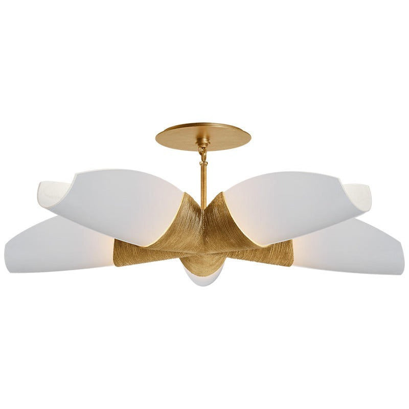 Studio view of the four-petal semi-flush chandelier with a textured woven golden-brass central hub, circular canopy, and curved frosted white petal shades