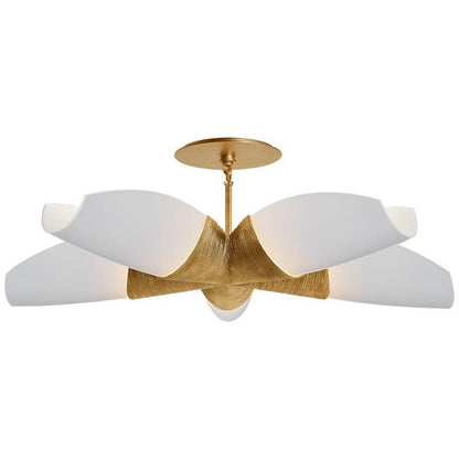 Studio view of the four-petal semi-flush chandelier with a textured woven golden-brass central hub, circular canopy, and curved frosted white petal shades