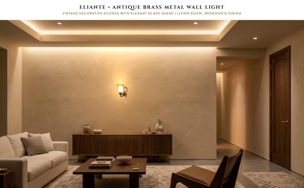 ELIANTE Antique Brass Metal Wall Light with Glass Shade – Vintage Decorative Wall Lamp for Living
