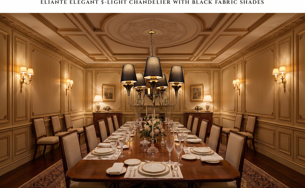 ELIANTE Elegant 5 Light Chandelier with Black Fabric Shades Modern Gold Iron Ceiling Hanging