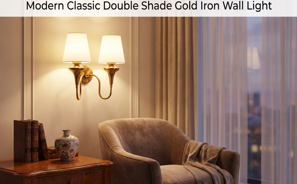 ELIANTE Modern Classic Double Shade Gold Iron Wall Light for Living Room, Bedroom and Foyer, E27
