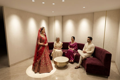 3D design visual – bridal cabin: the bride in a ring of light, family on the curved sofa, Aari Tari, Jaipur