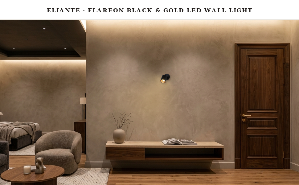 ELIANTE Flareon Black & Gold LED Wall Light with White Base Hero Lifestyle