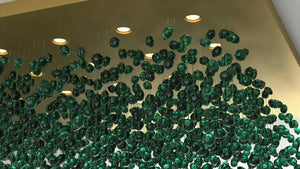 Design render close-up of green glass stones hanging below gold canopy with GU10 lights