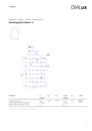 Unity Gym Dialux verification result — 687 lx average illuminance at standing height, exceeds 500 lx gymnasium target