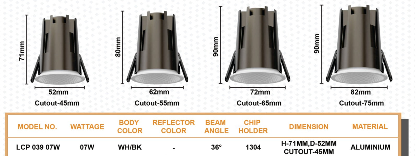 LCP-039 — wattage row 7W / 12W / 15W with dimensions