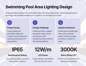 Unity Group Swimming Pool — project overview: bespoke ceiling lighting design for perforated/fluted poolside ceiling, IP65 12W/m 3000K