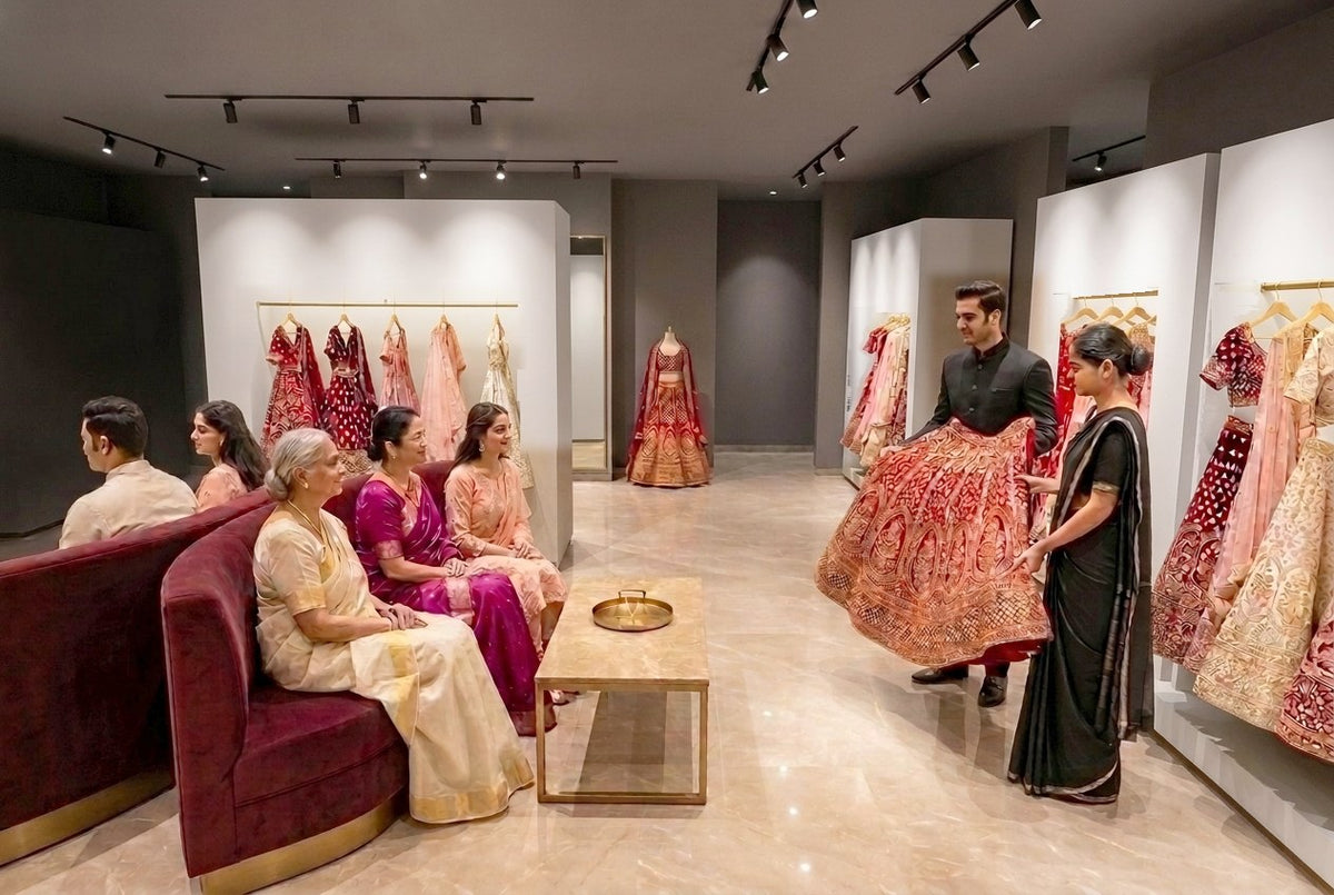 3D design visual – sofa pod: salespeople showing a bridal lehenga to the seated family, Aari Tari, Jaipur