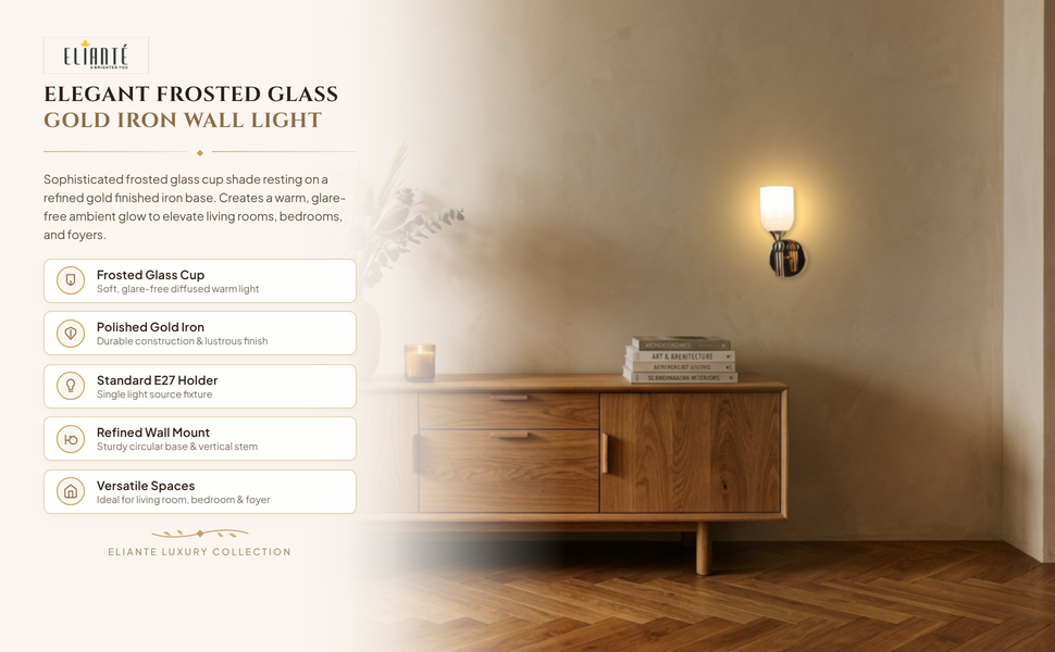 Elegant Frosted Glass Cup Gold Iron Wall Light for Living Room, Bedroom, Foyer and Balcony, E27