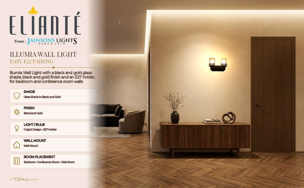 Illumia Wall Light with Black & Gold Glass Shade feature panel