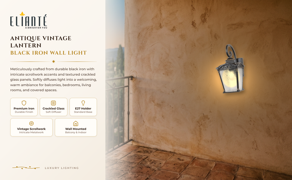 Antique Vintage Lantern Style Black Iron Wall Light for Balcony, Bedroom, Living Room and Foyer,