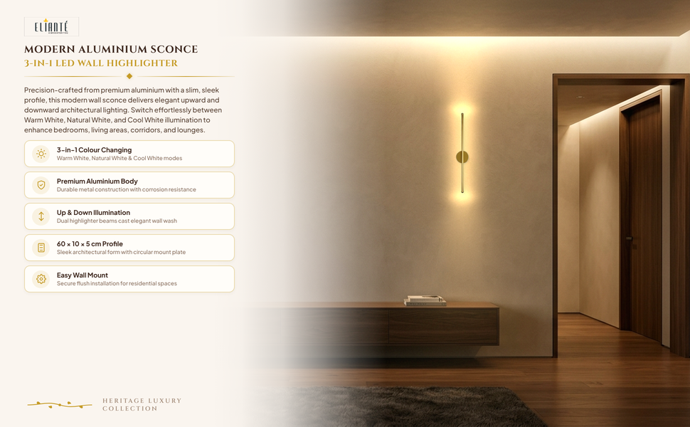 Modern Aluminium LED Wall Highlighter Light 3-in-1 Colour Changing (Warm/Natural/Cool White)