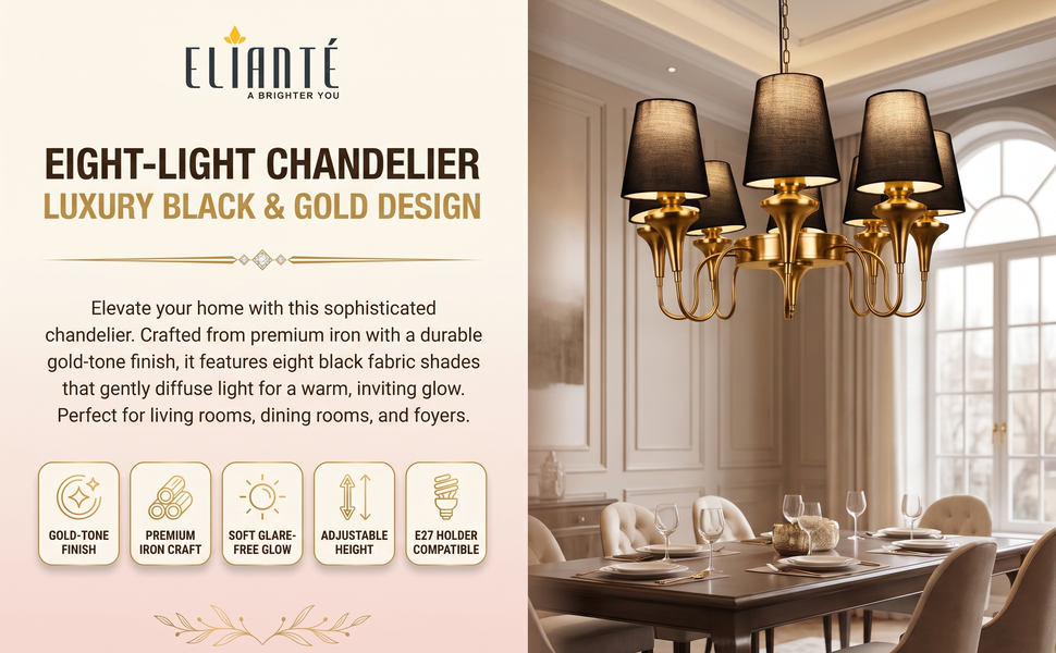 Modern Elegant Eight Light Chandelier with Black Fabric Shades, Gold Iron Decorative Hanging