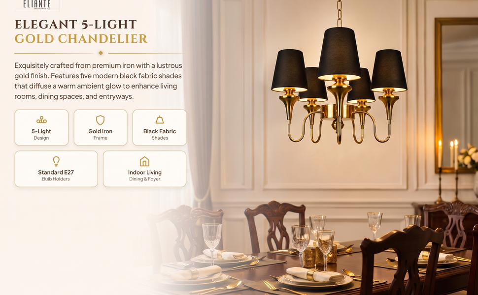 Elegant 5 Light Chandelier with Black Fabric Shades Modern Gold Iron Ceiling Hanging Pendant Light