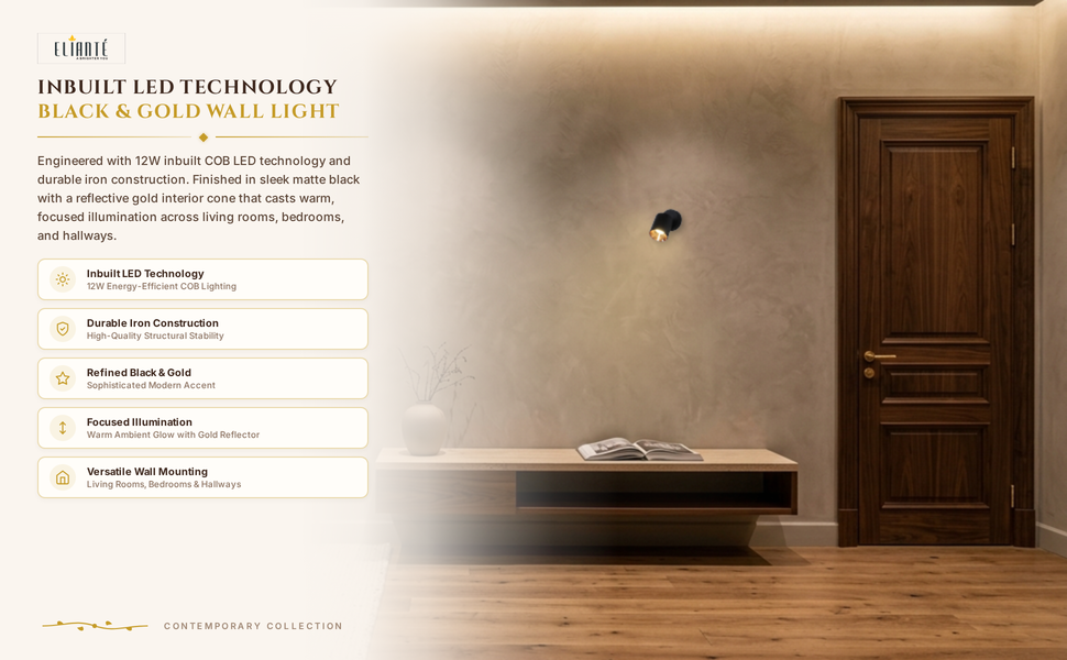 Flareon Black & Gold LED Wall Light with White Base feature panel