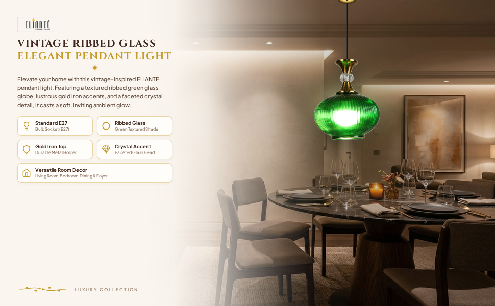 Vintage Ribbed Green Glass Hanging Light with Gold Iron Accent, Decorative Pendant Lamp for Living