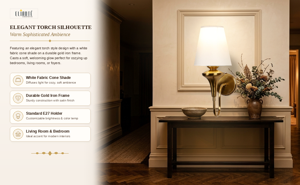 Elegant Modern Gold Iron Wall Light with Fabric Cone Shade for Living Room and Bedroom, E27 Holder,
