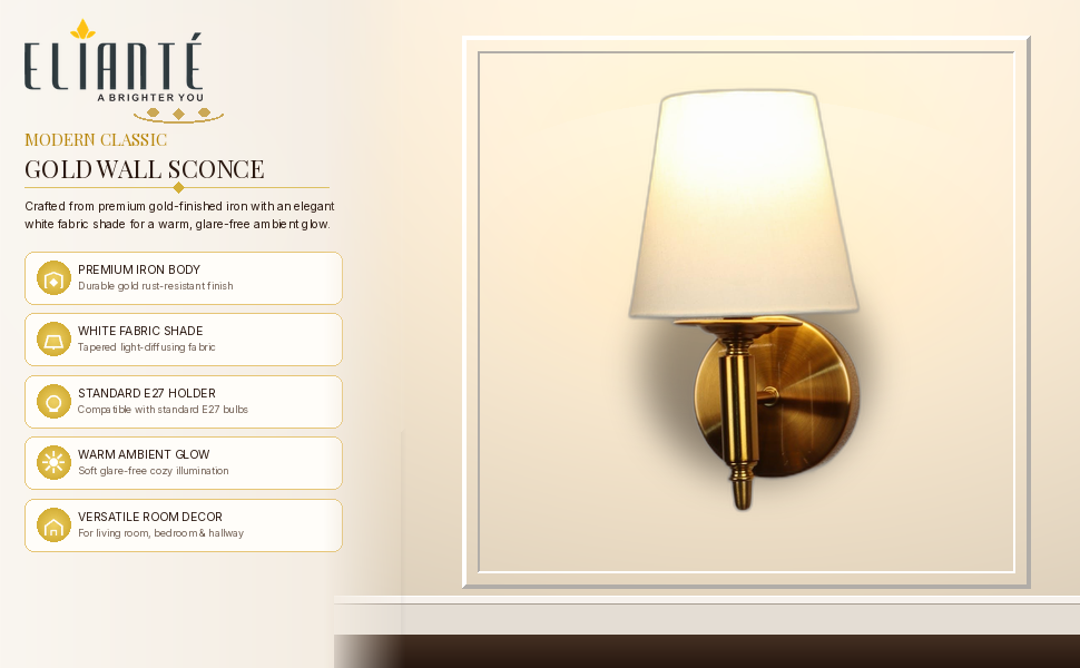 Modern Classic Wall Sconce Gold Iron Wall Light with Elegant White Fabric Shade for Living Room