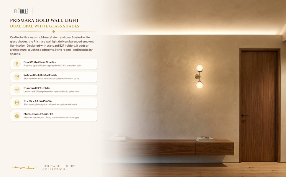 Prismara Gold Wall Light with White Glass Shade feature panel