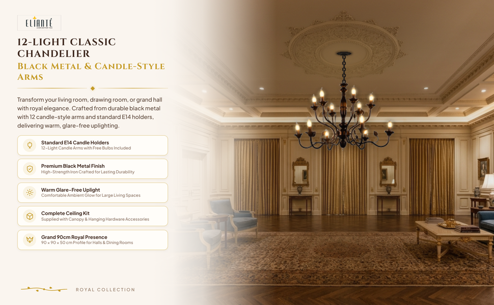 12-Light Classic Black Chandelier feature panel
