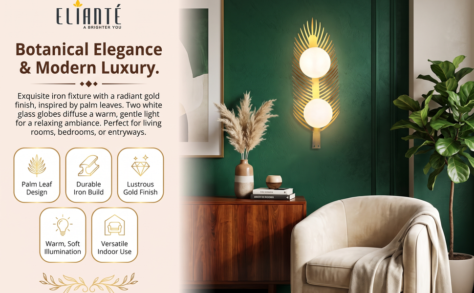 Palm Leaf Shaped Gold Iron Decorative Wall Light for Living Room, Bedroom, and Foyer with G9