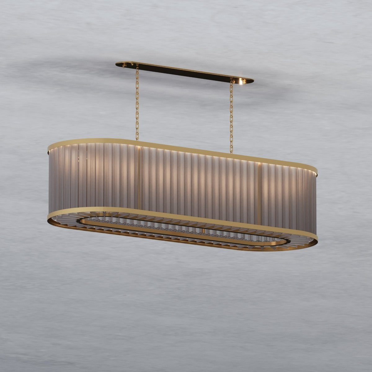 Design visual of the oval fluted crystal rod chandelier from a three-quarter angle showing the curved end and brass frame