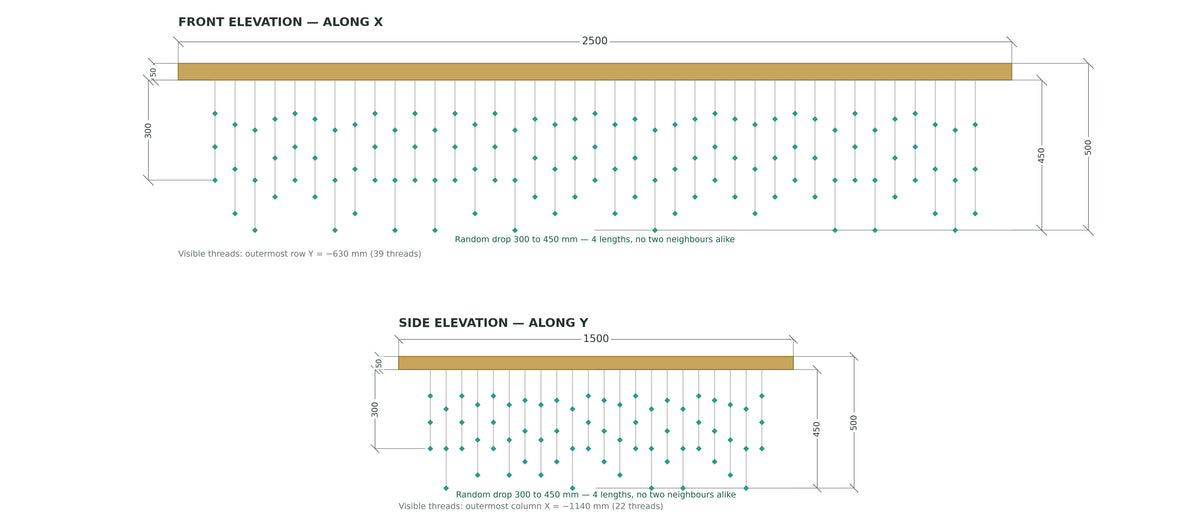Front and side elevation drawing of the green glass stone chandelier with 300 to 450 mm drops
