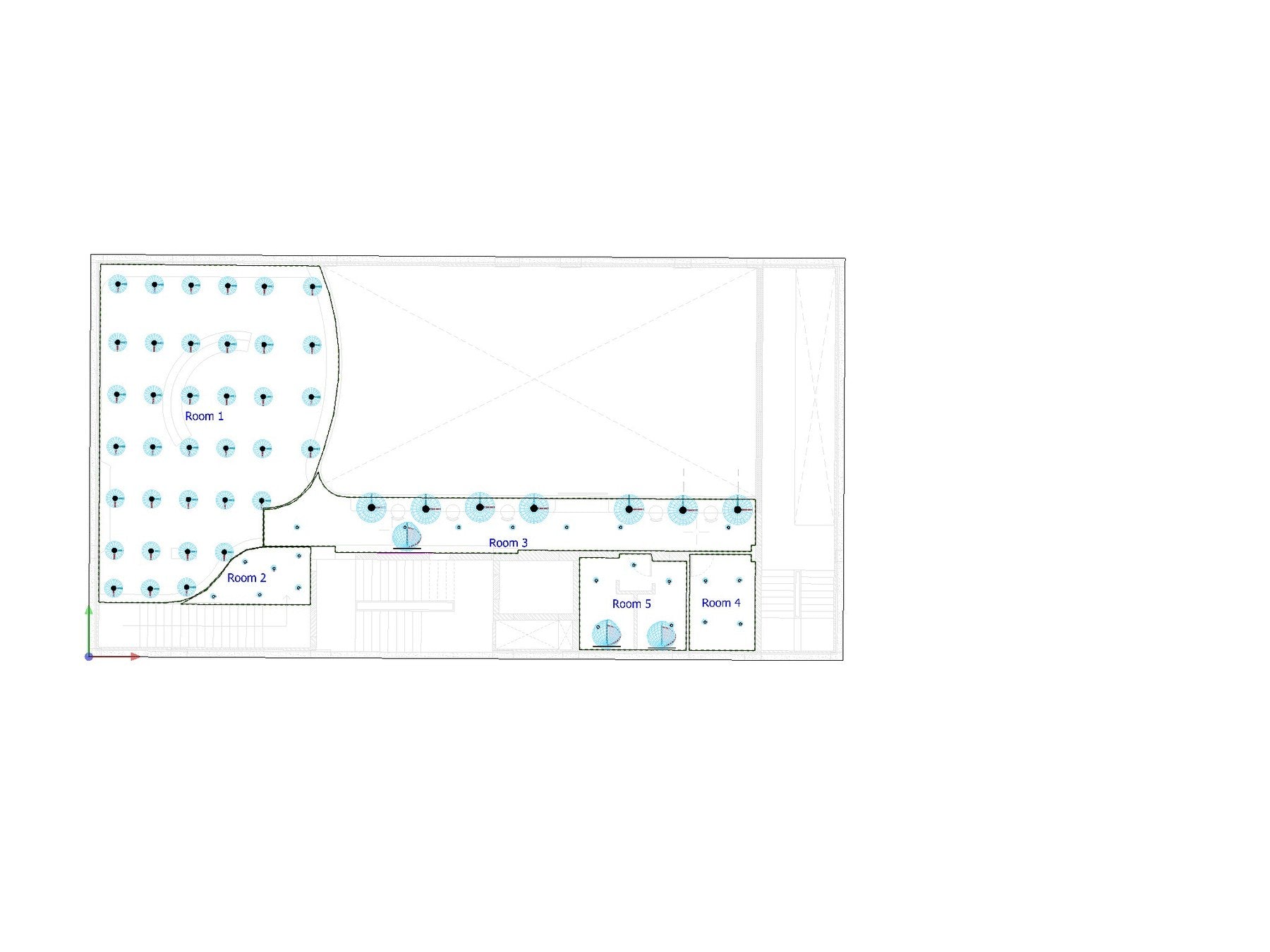 Sportball final layout — five rooms engineered for uniform coverage