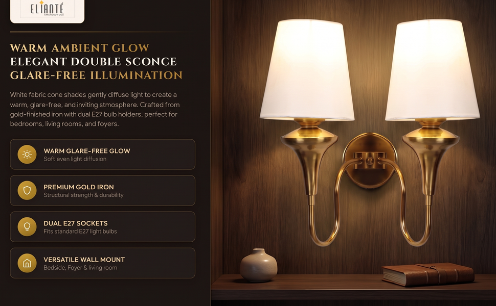 ELIANTE Modern Classic Double Shade Gold Iron Wall Light for Living Room, Bedroom and Foyer, E27