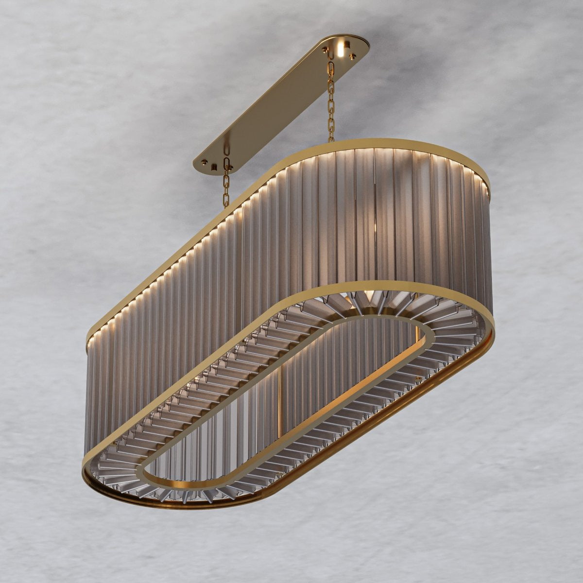 Design visual of the underside of the oval crystal rod chandelier highlighting the radial lower ring and oval canopy plate