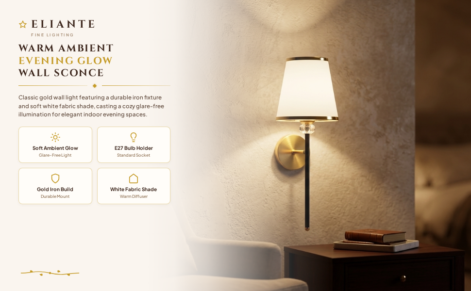 ELIANTE Celesta Gold Wall Light with White Fabric Shade Ambiance Panel