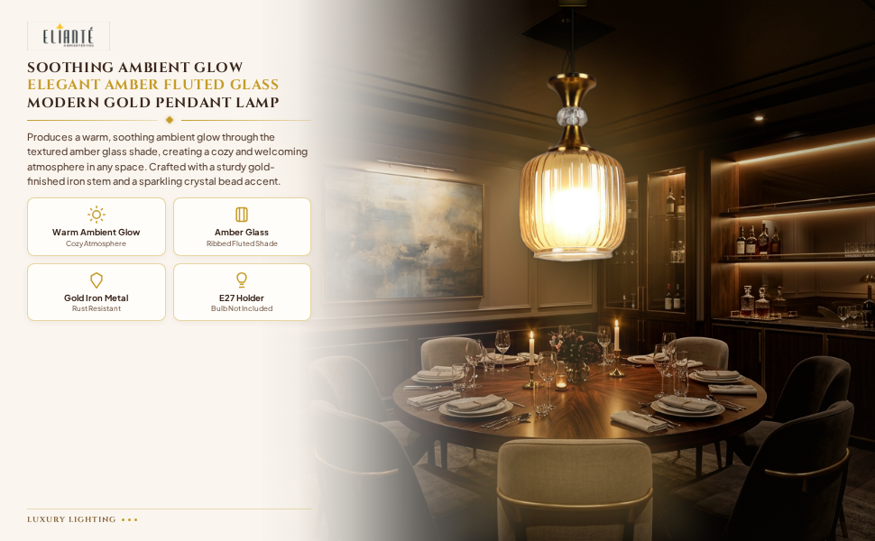 ELIANTE Elegant Amber Fluted Glass Hanging Light Modern Iron Pendant Lamp in Gold Finish for Living